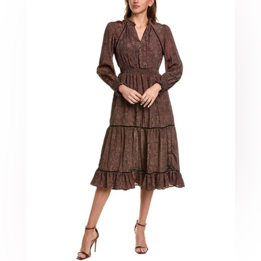 NWT Sam Edelman Maya Tiered Midi Dress Snakeskin Print Smocked Chicory Coffee XS